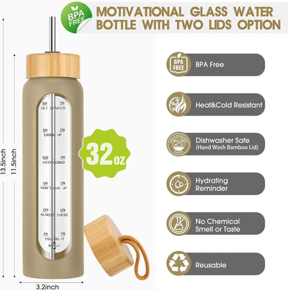 SipZest 32 oz Glass Water Bottle with Straw - Motivational Time Marker & Silicone Sleeve - Reusable Tumbler Includes 2 Bamboo Lids & Fruit Infuser - 1 Pack
