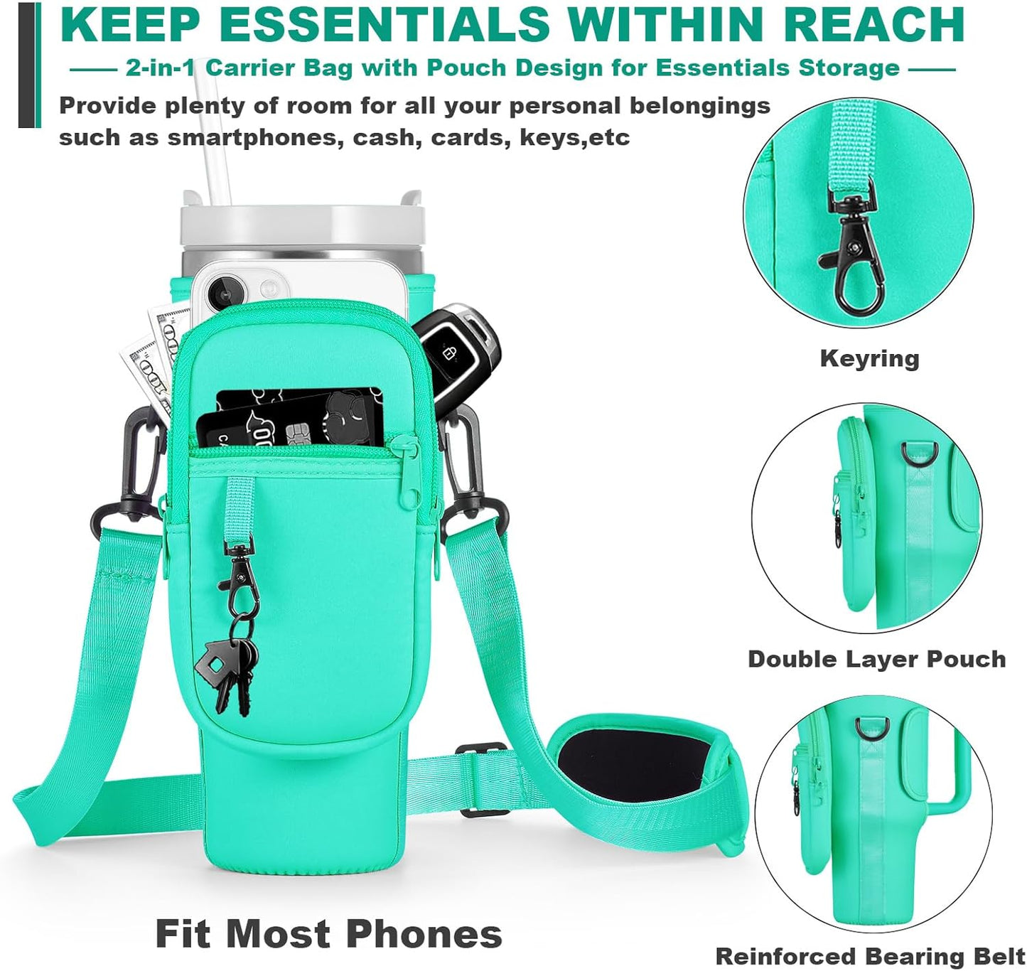 BULKITEM Water Bottle Carrier Bag with Phone Pocket for Stanley 40 & 30 oz Tumbler with Handle,Pink Insulated Neoprene Cup Holder Pouch w/Adjustable Strap for Quencher H2.0 Stanley Cup Accessories