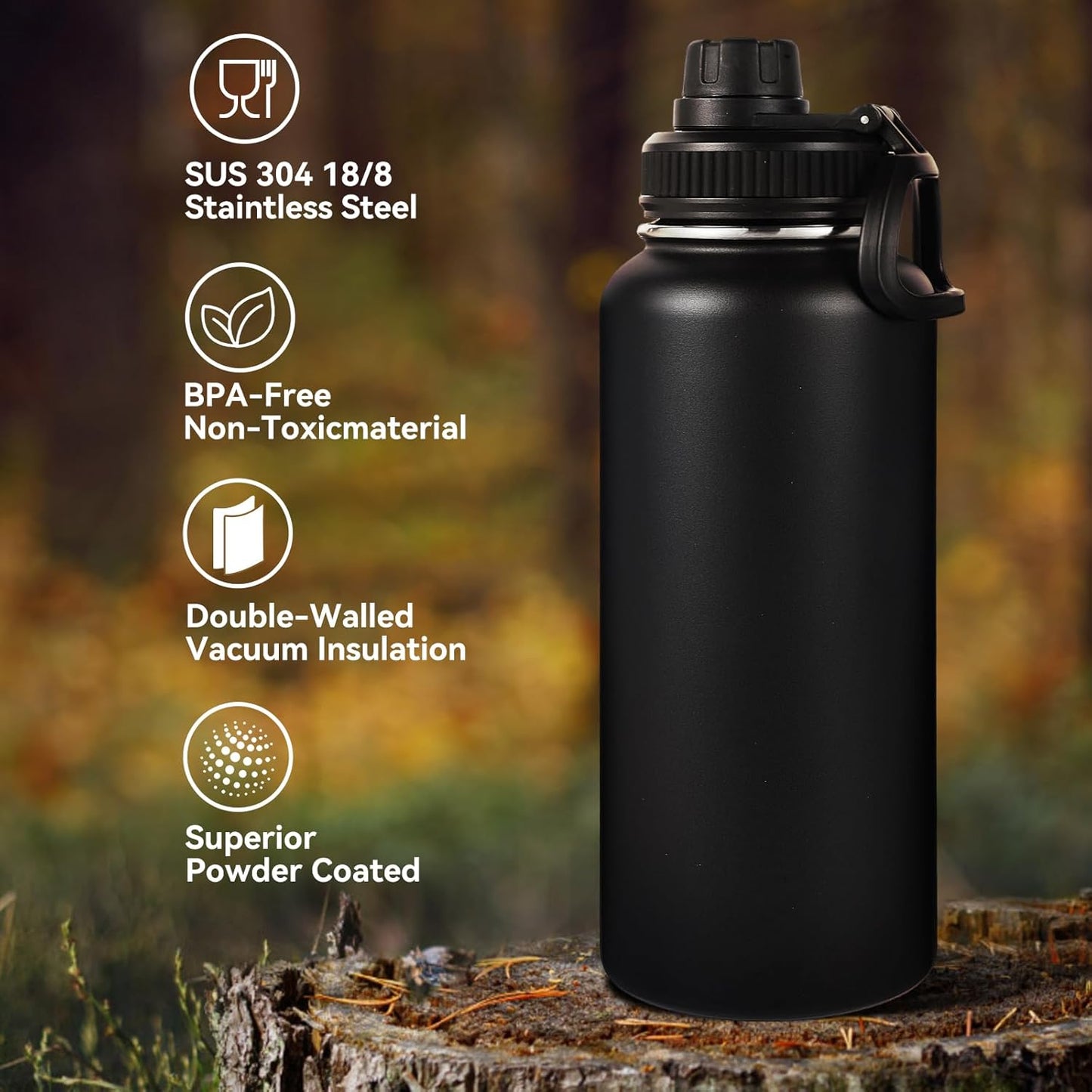 Neihepal 32 oz Insulated Water Bottle with 2 Lids (Straw & Spout Lid), 18/8 Stainless Steel Double Wall Water Bottles for Gym, Travel, Camping, Sports (Silver,1 Pack)