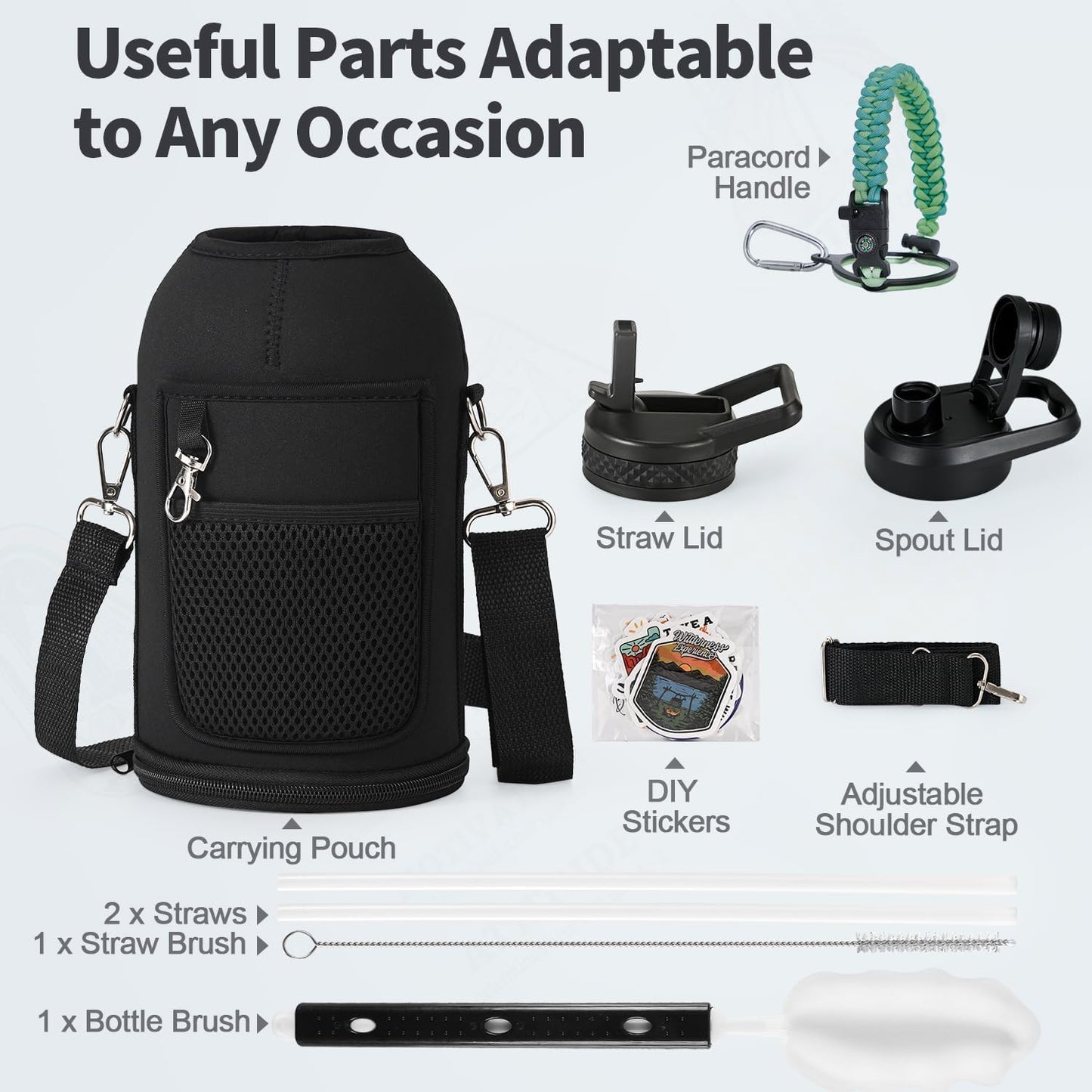 WixByti 40 oz Insulated Water Bottle with Straw (Cold for 36 Hrs), Stainless Steel Triple Wall Vacuum Sports Water Jug, Leakproof Hydro Cup Flask with Paracord Handle & Straw Spout Lids & DIY Stickers