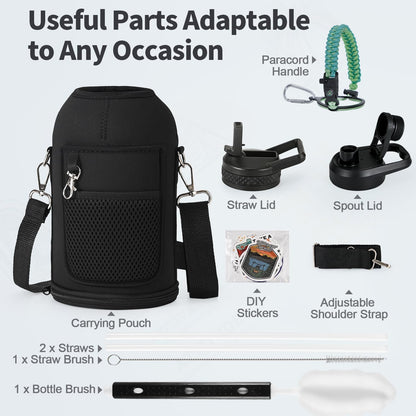 WixByti 40 oz Insulated Water Bottle with Straw (Cold for 36 Hrs), Stainless Steel Triple Wall Vacuum Sports Water Jug, Leakproof Hydro Cup Flask with Paracord Handle & Straw Spout Lids & DIY Stickers