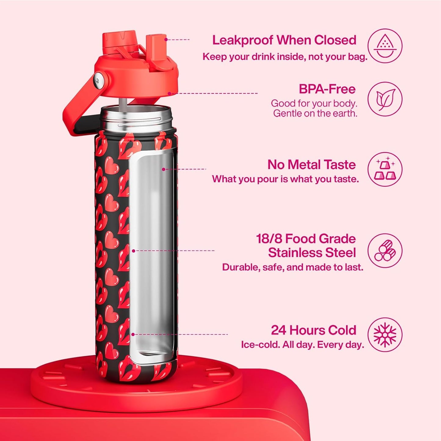 ENCOOL Insulated Water Bottle with Straw Stainless Steel Water Bottle, Leak-Proof, BPA-Free, Double Wall Vacuum Keeps Cold for 24 Hours for Sports, Travel, School (26 oz, Cotton Candy) - Colors D