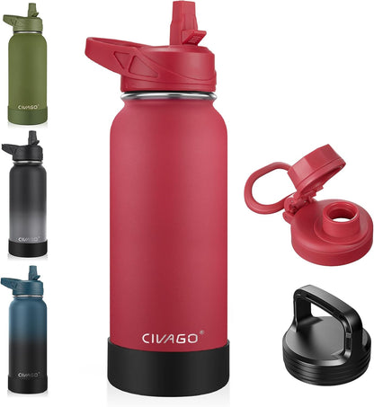CIVAGO 32 oz Insulated Water Bottle With Straw, Stainless Steel Sports Water Cup Flask with 3 Lids (Straw, Spout and Handle Lid), Wide Mouth Travel Thermal Mug, Black