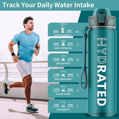 QLUR Water Bottle with Straw, 32oz Motivational Water Bottles with Time Marker to Drink, Tritan BPA Free, 1L Sports Water Bottle with Carry Strap LeakProof for Women Gym Fitness Outdoor (1 Pack)