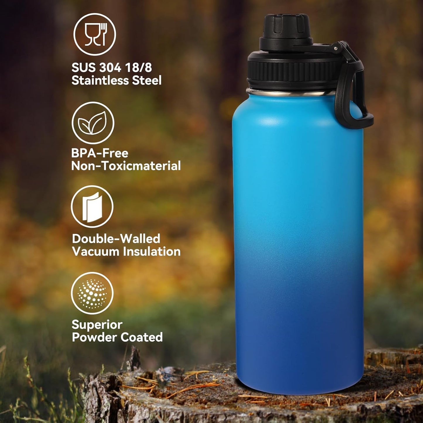Neihepal 32 oz Insulated Water Bottle with 2 Lids (Straw & Spout Lid), 18/8 Stainless Steel Double Wall Water Bottles for Gym, Travel, Camping, Sports (Silver,1 Pack)