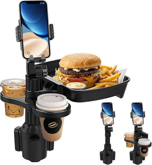 Car Cup Holder Tray - 4 in 1 Adjustable Car Cup Holder Expander with Food Tray Table and Phone Mount 360° Swivel for All Purpose, Automotive Essentials for Driver and Front Passenger