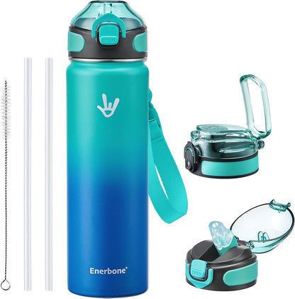 Enerbone 24 oz Insulated Water Bottle, Stainless Steel Bottle with Carrying Strap, Double-Wall Vacuum Insulation Design, Leakproof Sports Bottle with Straw, Keep Drinks Cold or Hot for Hours