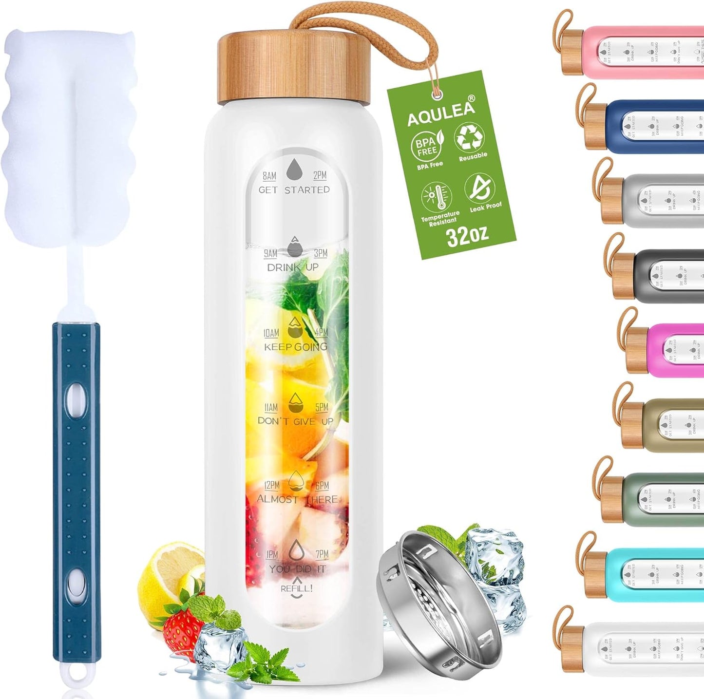 Aqulea Glass Water Bottles 25 Oz with Silicone Sleeve - BPA Free Reusable Wide Mouth Glass Motivational Water Bottles with Fruit Infuser – Leak Proof Borosilicate Water Bottle with Time Marker (White)