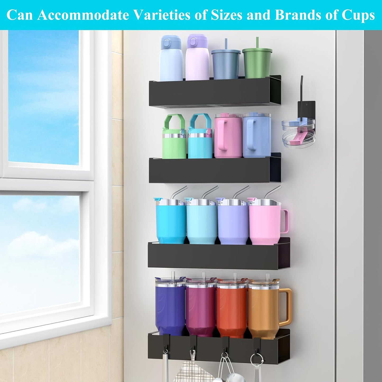 HuggieGems Magnetic Water Bottle Holder for Refrigerator, Cup Holder Organizer for Stanley and Tumbler for Kitchen, 4 Pack, Black