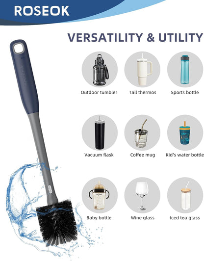 ROSEOK 2 in 1 Long Handle Bottle Brush with Straw Brush for Cleaning Glass, Sports Bottle, Coffee Mug,Navy Blue,1 Pack