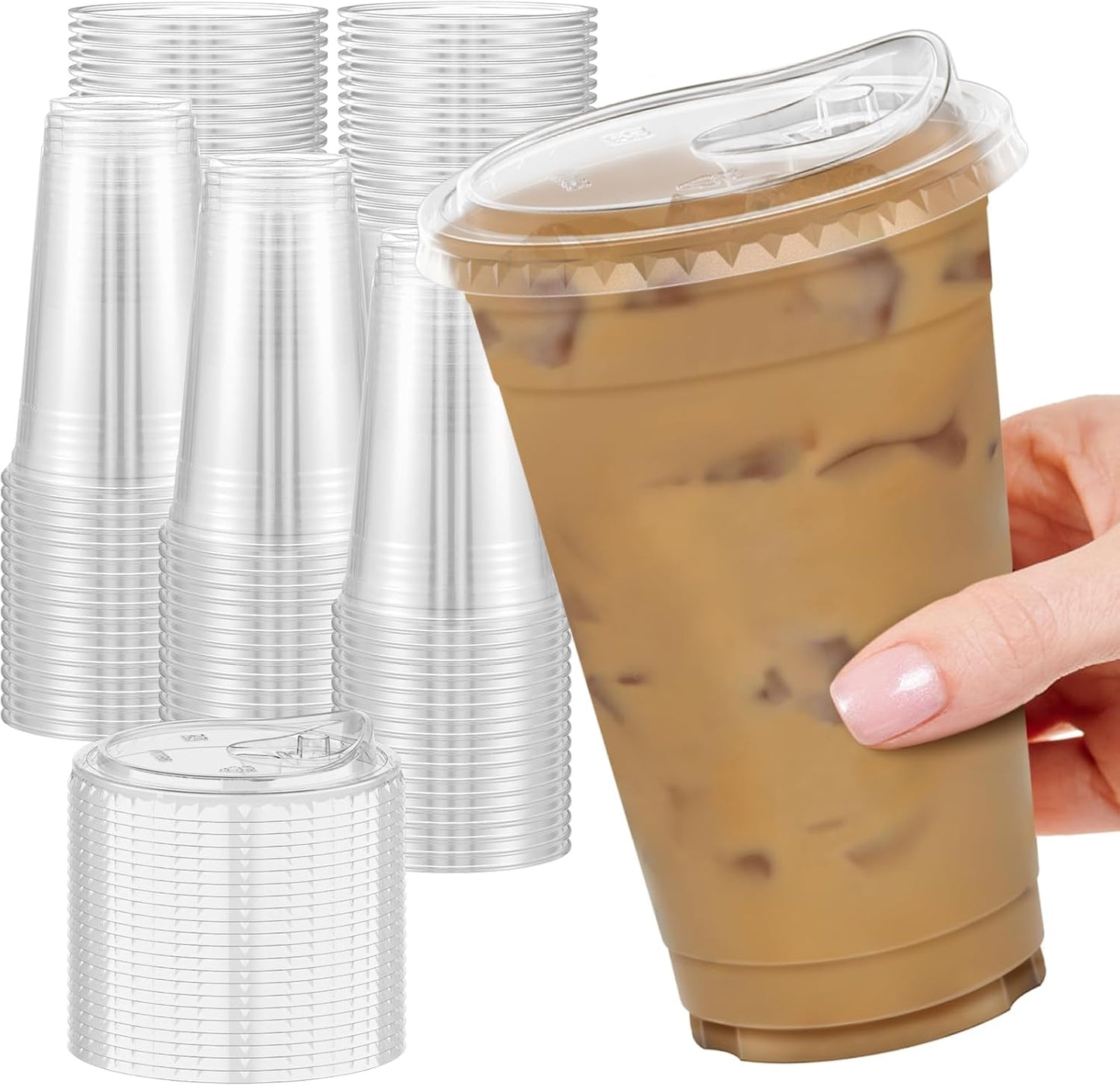 Dealusy 100 Pack - 16 oz Clear Plastic Cups with Lids, Sturdy & Food Safe Iced Coffee Cups with lids, Disposable Plastic Smoothie Cups for Cold Drinks, Sip Lids