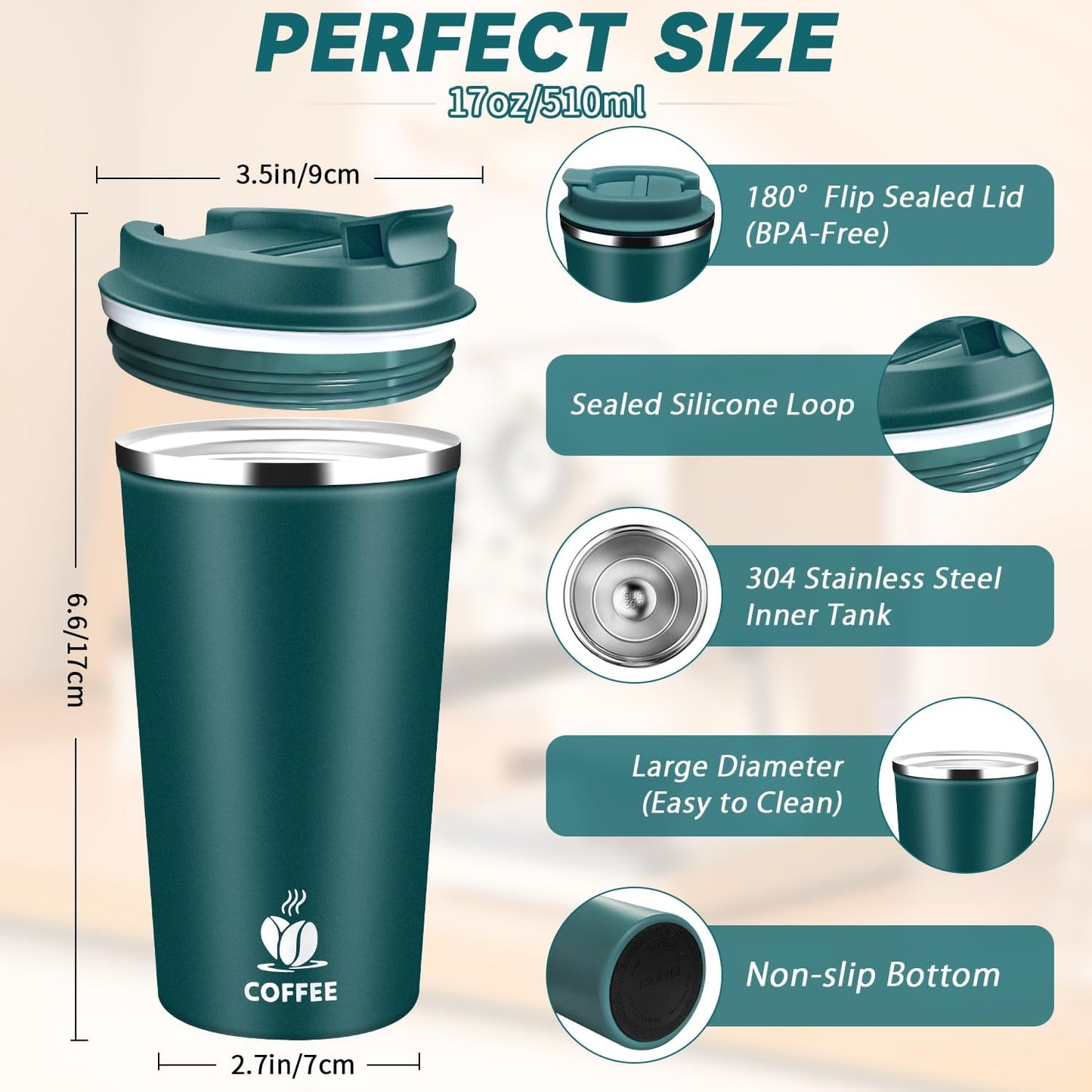 Insulated Travel Coffee Mug Reusable Coffee Tumbler Cup with Flip Lid Leak Proof Spill Proof for Office School Party Camping Hot and Cold Drink,Stainless Steel 17oz (Black)
