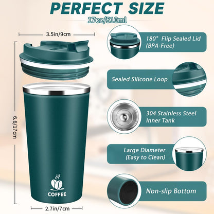 Insulated Travel Coffee Mug Reusable Coffee Tumbler Cup with Flip Lid Leak Proof Spill Proof for Office School Party Camping Hot and Cold Drink,Stainless Steel 17oz (Black)