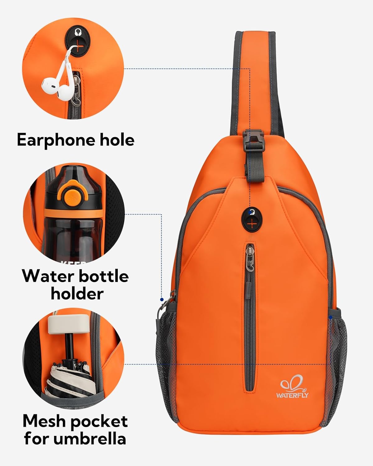 WATERFLY Crossbody Sling Backpack Sling Bag Travel Hiking Chest Bag Daypack (Black)