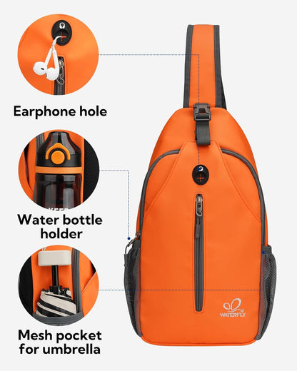 WATERFLY Crossbody Sling Backpack Sling Bag Travel Hiking Chest Bag Daypack (Black)