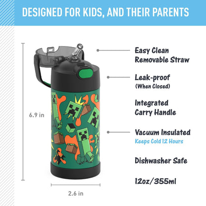THERMOS FUNTAINER Water Bottle with Straw - 12 Ounce - Kids Stainless Steel Vacuum Insulated Water Bottle with Lid, Bluey - Colors A