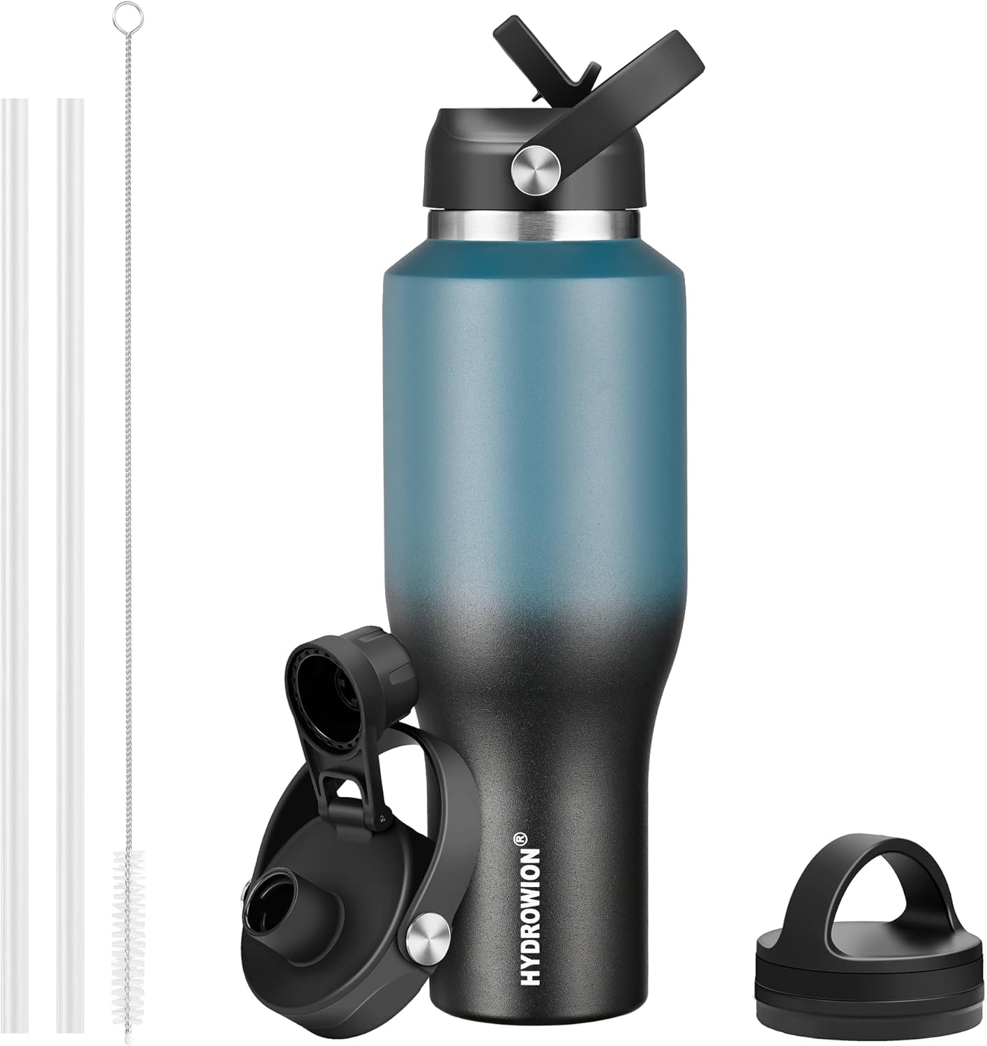 HYDROWION 32oz Stainless Steel Water Bottle(Cold for 48 Hrs, Hot for 24 Hrs),Double Wall Vacuum Insulated Water Bottle with Straw Lid, Spout Lid and Flex Cap, Fit in Any Car Cup Holder,Black