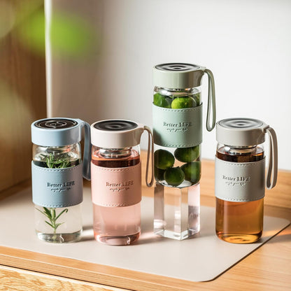 Glass Tea Bottle 16 oz Drinking Bottle with Non-Slip Holster, and Stainless Tea Infuser,Leak Proof Lid,Portable Glass Water Bottle for School, Office, Car & Home,as a gift, etc (Pink)