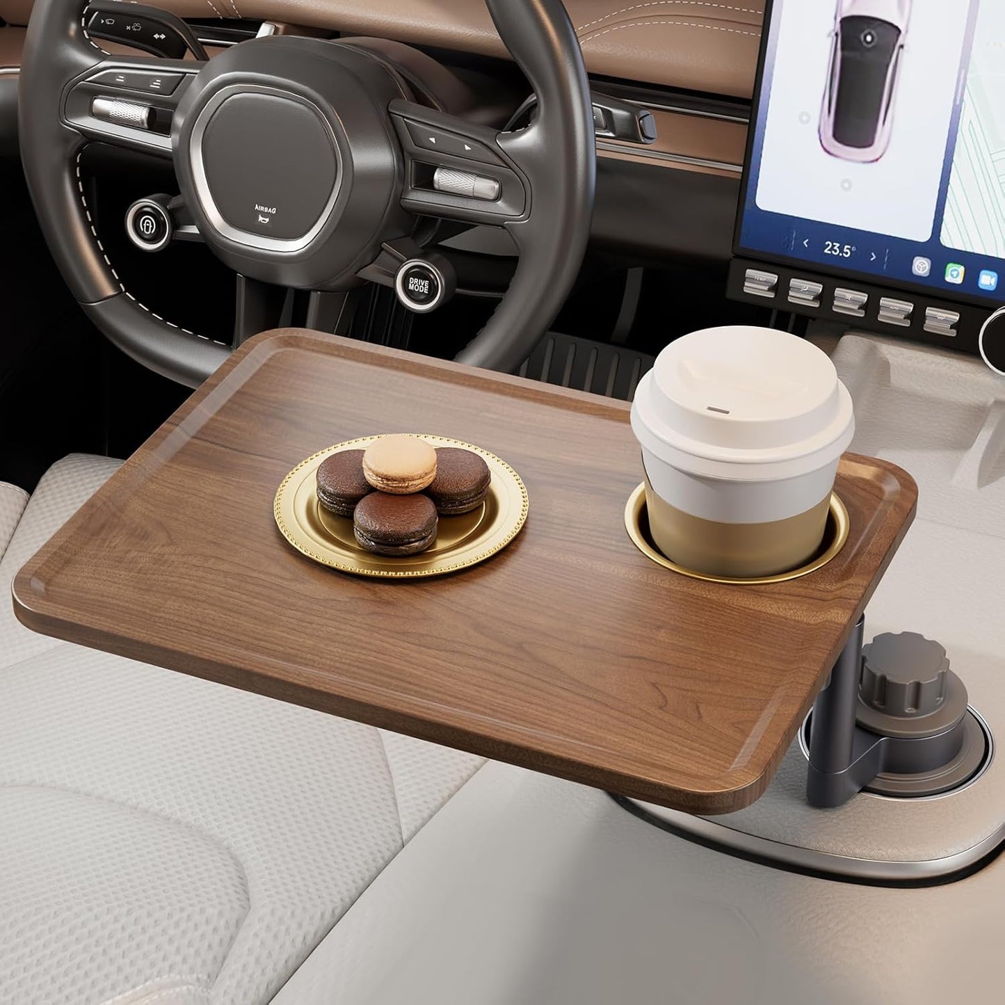 Car Cup Holder Tray Desk, 360° Rotating Black Walnut Solid Wood Food Car Table - Steering Wheel Tray Road Trip Essentials Accessories for Tesla Model Y/3/S, Ford F150 Most Vehicles