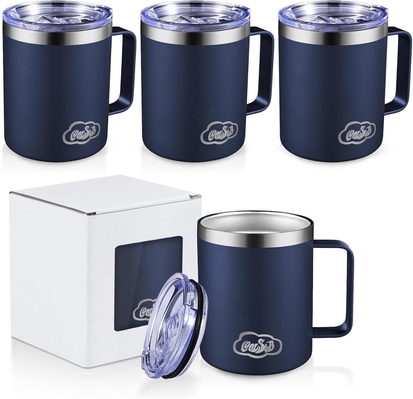 12oz Insulated Coffee Mug with Handle, Stainless Steel Wide Mouth Travel Tumblers with Lid, Double Wall Vacuum Coffee Cup for Camping, Office, Army Green 4 Pack