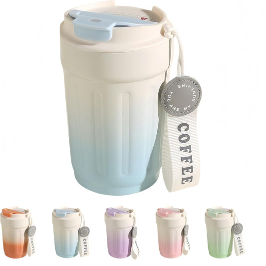 14oz Portable Vacuum - Insulated Coffee Mug with Ceramic Lining. Gradient Color. Carry - Cord. Leakproof. Easy to Clean. Good Heat Retention. For Coffee, Milk, Juice & Fruit Tea. (Blue)