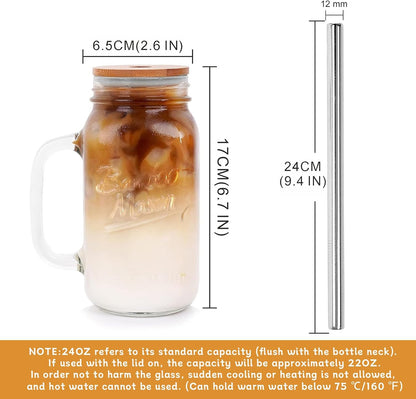 ANOTION Mason Jar Iced Coffee Cup with Lid and Straw, 24oz Regular Mouth Mason Jars with Handle Glass Coffee Drinking Glasses Tumbler Reusable Cups Bottles for Iced Coffee Cups for Travel Office Home