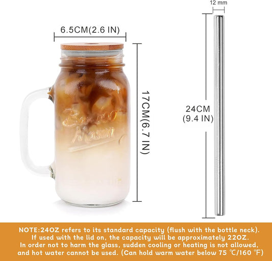 ANOTION Mason Jar Iced Coffee Cup with Lid and Straw, 24oz Regular Mouth Mason Jars with Handle Glass Coffee Drinking Glasses Tumbler Reusable Cups Bottles for Iced Coffee Cups for Travel Office Home