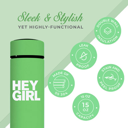 Hey Girl Tea Infuser Bottle 450ml - Insulated Stainless Steel Water Bottle - Tea Tumbler with Tea Diffuser - Portable Travel Mug for Loose Leaf Tea & Infused Water - Tea Lovers Gifts for Women (Pink)