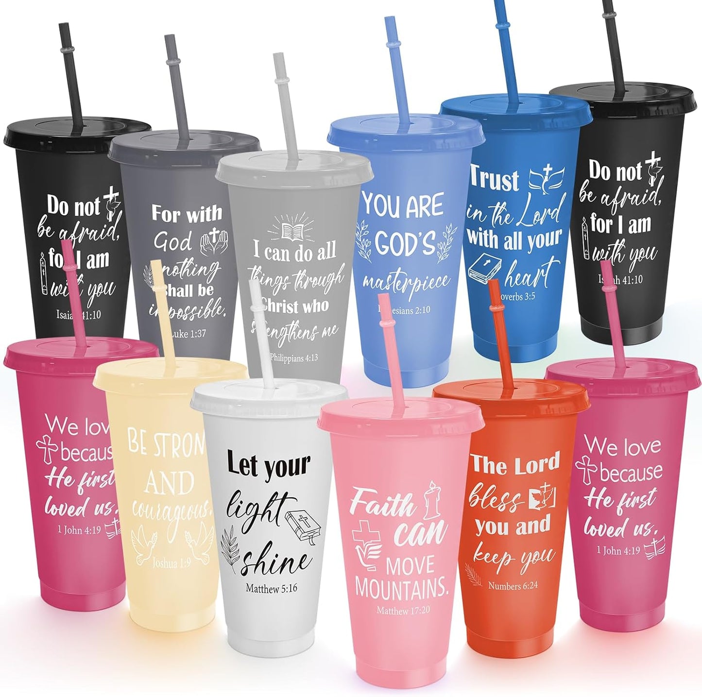 Cinrobiye 24 Pcs Jesus Loves You Tumblers Bulk, 24 oz Christian Plastic Cups with Lids and Straws, Reusable Religious Gift Cups for VBS, Sunday School, Church Events, Bible Study Party Favors