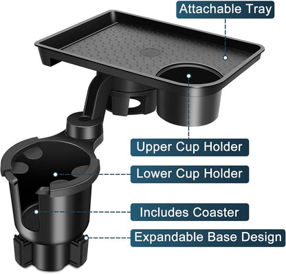 JPart Car Cup Holder Tray, Cup Holder Expander, 2 in 1 Detachable Car Food Tray with 360°Rotation Tray for Eating, Storage and Travel Road Essentials, Black