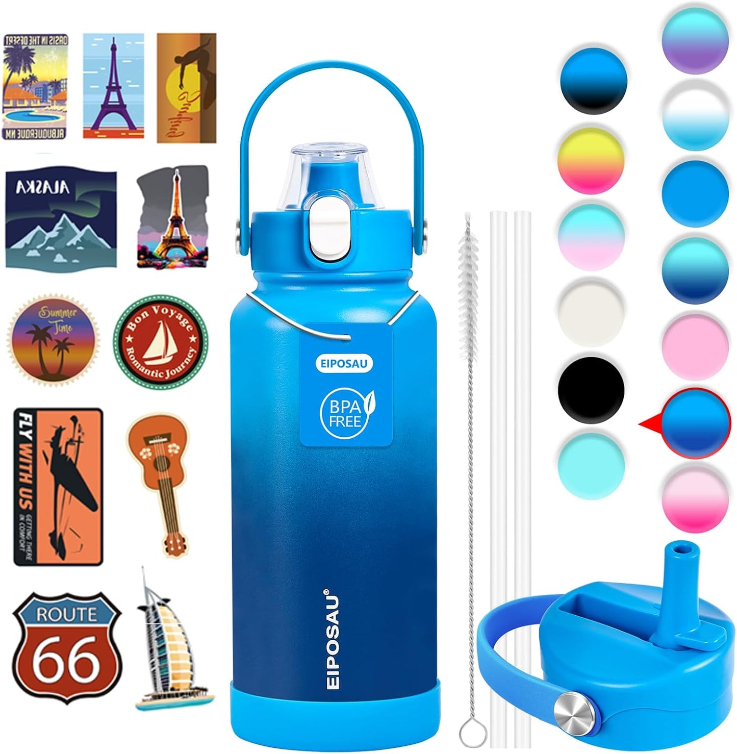 Insulated Water Bottle with Lid & Boot & Stickers, 24 oz Stainless Steel Sweat Free Bottle Keep Cold 24H, BPA-Free Sports Wide Mouth Water Bottle, BlueBlack