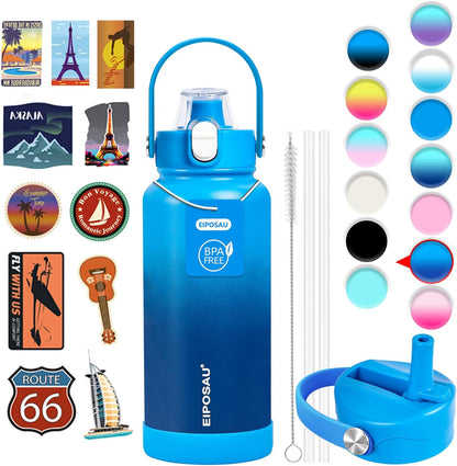 Insulated Water Bottle with Lid & Boot & Stickers, 24 oz Stainless Steel Sweat Free Bottle Keep Cold 24H, BPA-Free Sports Wide Mouth Water Bottle, BlueBlack