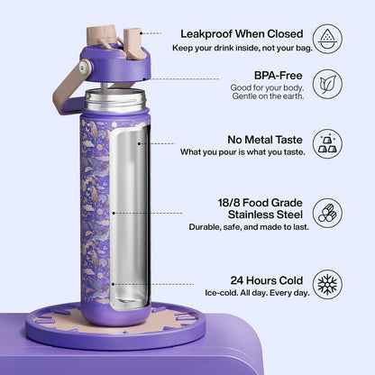 ENCOOL Insulated Water Bottle with Straw Stainless Steel Water Bottle, Leak-Proof, BPA-Free, Double Wall Vacuum Keeps Cold for 24 Hours for Sports, Travel, School (26 oz, Cotton Candy) - Colors A