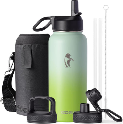 Half Gallon Water Bottle Insulated with Straw & 3 Lids, Coolflask 64 oz Water Jug Large Metal Stainless Steel Wide Mouth for Sports, Gym or Office, Non-BPA Keep Cold 48H Hot 24H, Samurai Cyan