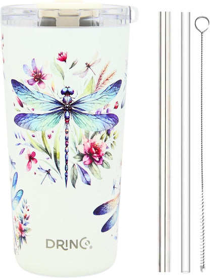 Drinco - 20 oz Stainless Steel Tumbler | Double Walled Vacuum Insulated Mug With Lid, 2 Straws, For Hot & Cold Drinks (20oz Dragonfly)