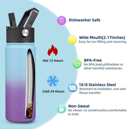 BJPKPK Insulated Water Bottles with Straw Lid, 40oz Stainless Steel Water Bottles with 3 Lids, BPA Free Leakproof Thermo, Tumblers, Cups for Sports, Gym- Midnight - Colors A