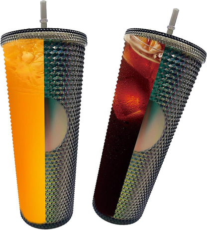 Studded Tumbler With Straw Tumblers With Lids And Straws Iridescent Blue Cups Water Cup With Straw And Lid BPA-Free Double-Wall Plastic for Iced Coffee Cups or Water 24 Oz