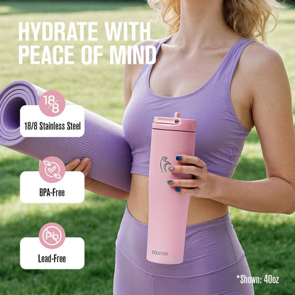 Coolflask Water Bottle 40 oz Fits Car Cup Holder, Slim Tumbler Stainless Steel with Straw & Handle, Vacuum Flask Leakproof Wide Mouth for Travel Sports Gym, Black