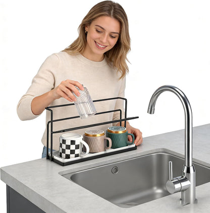 Water Bottle 2 Tier Water Bottle Drying Rack with Drain Tray, Space Saving Metal Cup Holder for Countertop, Compact Kitchen Organizer for Tumblers, Glasses, Mugs and Bottles (Black)