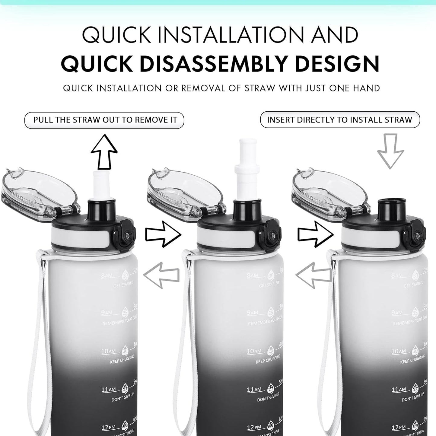 32oz Water Bottle with Time Marker, Motivational Drinking Bottle with Strap, BPA-Free Leak-Proof, Encouraging Water Bottle Time to Drink Water for Gym School Office Travel