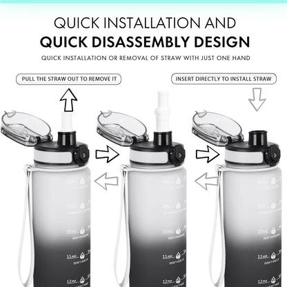32oz Water Bottle with Time Marker, Motivational Drinking Bottle with Strap, BPA-Free Leak-Proof, Encouraging Water Bottle Time to Drink Water for Gym School Office Travel