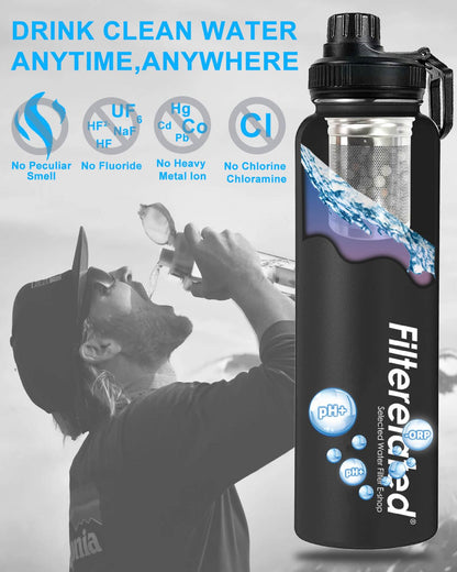 Filterelated 30oz Stainless Steel Portable Alkaline Filter Water Bottle, Creates Up to 9+ Ph of Quality Water, Sports Travel Water Bottle, Removes Water Impurities