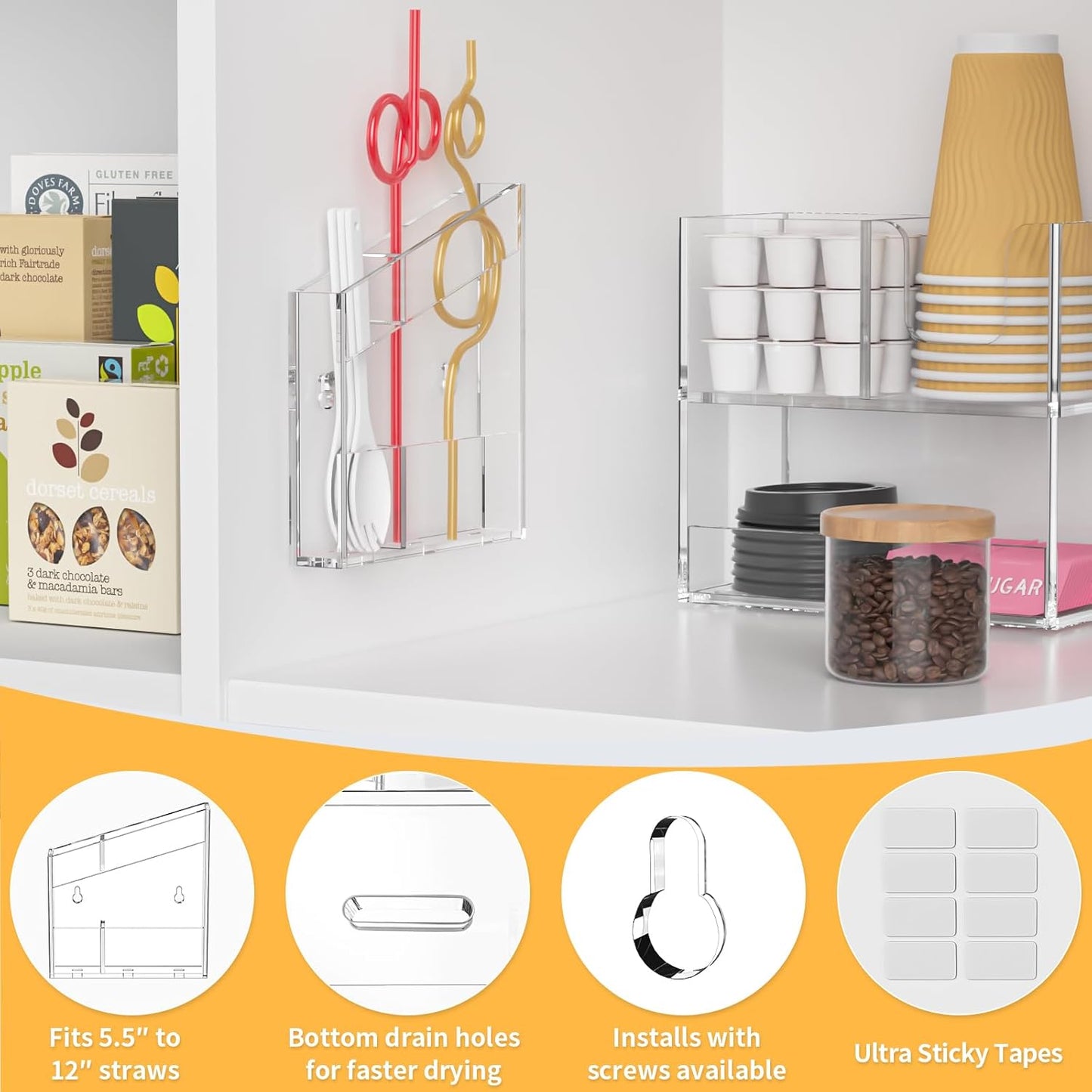 Acrylic Straw Holder for Cabinet - 9.5 Inch Clear Reusable Straw Organizer Dispenser with Ultra Sticky Adhesive Tapes, Slanted Kitchen Accessories Container Cupboard Door Mounted