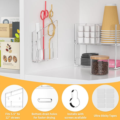 Acrylic Straw Holder for Cabinet - 9.5 Inch Clear Reusable Straw Organizer Dispenser with Ultra Sticky Adhesive Tapes, Slanted Kitchen Accessories Container Cupboard Door Mounted