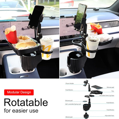 Car Large Cup Holder Expander, 5-in-1 Cupholder Extender with Phone Holder & Swivel and Detachable Snack Food Tray Table for Eating, Travel Essentials for Road Trips for Driver. Model C