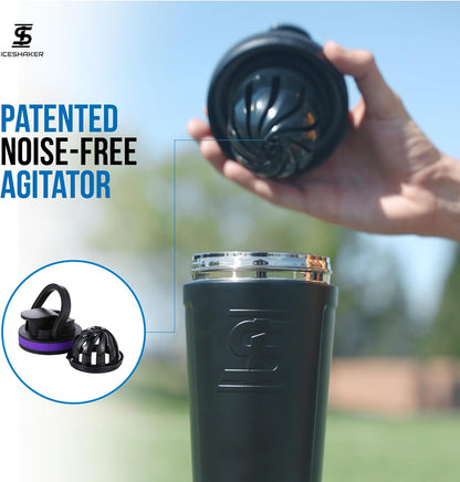 Ice Shaker Insulated Stainless Steel Shaker Bottle | 26oz, Black | Cold for 30+ Hours | Insulated Cup with Twist-on Agitator | Odor-Free Bottle for Protein Shakes, Water, Smoothies, Cocktails