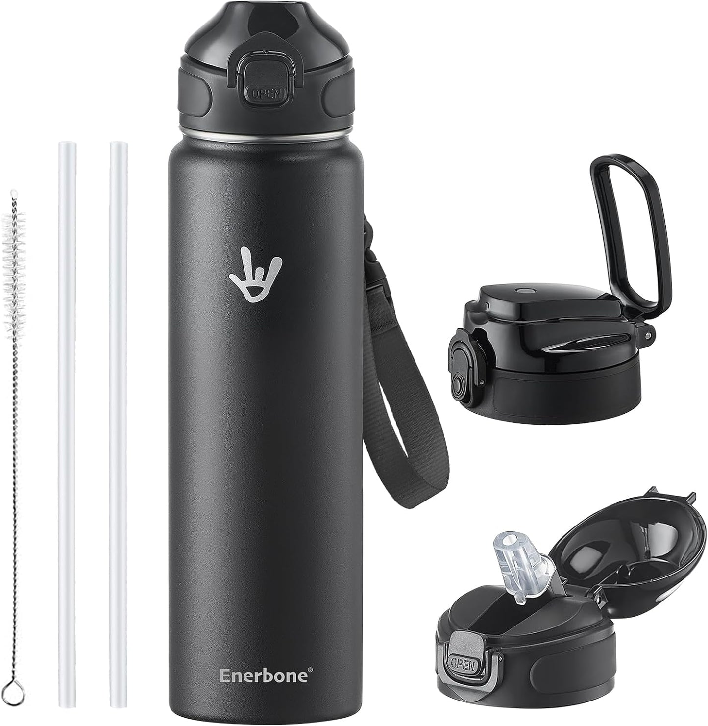 Enerbone 24 oz Insulated Water Bottle, Stainless Steel Bottle with Carrying Strap, Double-Wall Vacuum Insulation Design, Leakproof Sports Bottle with Straw, Keep Drinks Cold or Hot for Hours
