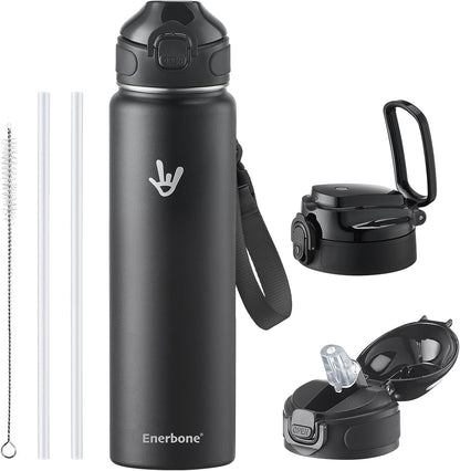 Enerbone 24 oz Insulated Water Bottle, Stainless Steel Bottle with Carrying Strap, Double-Wall Vacuum Insulation Design, Leakproof Sports Bottle with Straw, Keep Drinks Cold or Hot for Hours