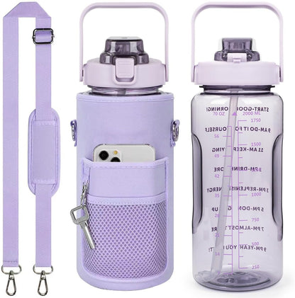 Half Gallon Water Bottle with Sleeve, 64OZ Motivational Water Bottle with Straw & Time Marker, BPA Free Leakproof Gym for Sport Workout