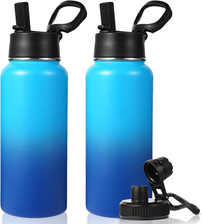 Neihepal 32 oz Insulated Water Bottle with 2 Lids (Straw & Spout Lid), 18/8 Stainless Steel Double Wall Water Bottles for Gym, Travel, Camping, Sports (Silver,1 Pack)